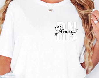 RN Custom Name Shirt Sweatshirt Hoodie, Personalized Nurse Tee, RN Pocket Gift, Healthcare Graduation Gift