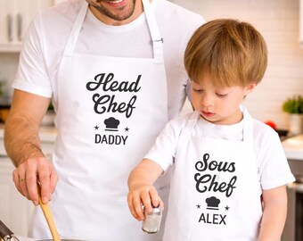 Matching Dad Kids Apron, Personalized Chef Daddy Sous Chef Aprons, Custom Family Aprons, Father’s Day Gift, Cooking Set
