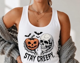 Stay Creepy Skull Pumpkin Halloween Tank Top, Skeleton Pumpkin Graphic Racerback Tank, Spooky Fall Gift