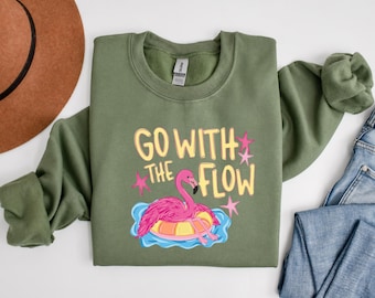 Go With The Flow Flamingo Shirt Sweatshirt, Funny Summer Beach Tee, Tropical Vacation Graphic Shirt, Coastal Gift for Women