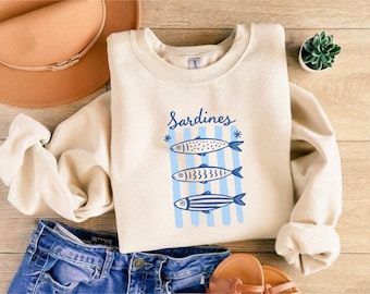 Vintage Sardine Can Shirt, Retro Fish Graphic Sweatshirt, Coastal Aesthetic T-Shirt, Mediterranean Food Lover Gift