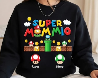 Personalized Super Mommio Shirt Sweatshirt, Mothers Day Gift Hoodie , Gamer Mom, Custom Kids Name Best for Mom