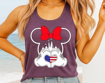 Disney Mickey Minnie USA Patriotic Tank Top, 4th of July Women Racerback, American Flag Heart Tanktop, Summer Vacation Outfit Tanks