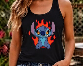 Angry Stitch Tank Top, Evil Stitch, Fire Eyes Alien Cartoon Tanks, Funny Villain Stitch Design Tank Top