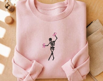 Embroidered Dancing Skeletons Breast Cancer Awareness Sweatshirt, Pink Ribbon Support Shirt, Cancer Warrior Hoodie, Survivor Gift