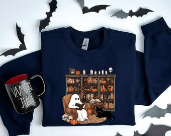 Retro Ghost Reading Shirt, Halloween Book Lover Sweatshirt, Spooky Librarian Hoodie, Cute Teacher Graphic Tee, Fall Reading Gift