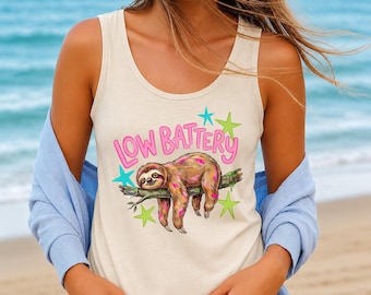 Low Battery Sloth Tank, Funny Lazy Tee, Retro Humor Animal Top, Quirky Summer Gift Tops, Retro Preppy Sloth Tank