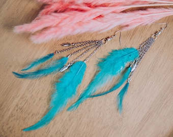 Turquoise Feather Boho Style Earrings