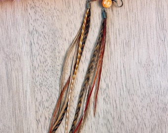 Tan and brown rooster Feather Earring with orange and gold beads. Boho earrings. Feather earrings. Hippie style .