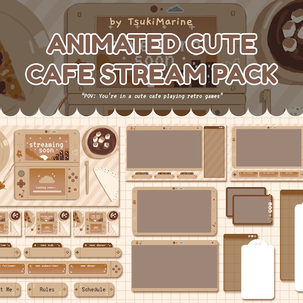 Customizable Animated Cute Cafe Stream Pack | OBS, STREAMLABS, TWITCH overlay pack | Retro Games, Lofi, Beige, Kawaii, Lolita Aesthetic