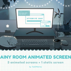 Puede incluir: Una ilustración digital de una habitación lluviosa con una pantalla de ordenador que muestra una barra de carga con el texto "streaming soon". La habitación también cuenta con un portátil, un teclado, un gato, una taza y una planta.