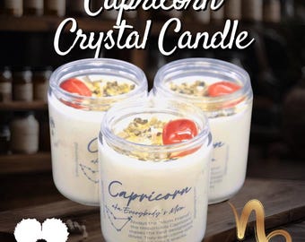 CAPRICORN Zodiac Crystal Candle • Customized Birthday Gift for December January • Raw Carnelian Quartz Gemstone • White Sage Lavender Scent
