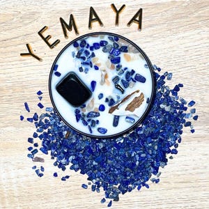 Bougie en cristal YEMAYA Orisha • Lapis-lazuli, obsidienne, pierre de lune brute • Parfum de l'île de Lagos • Décoration d'autel pour Yemoja Orisa • Déesse nigériane