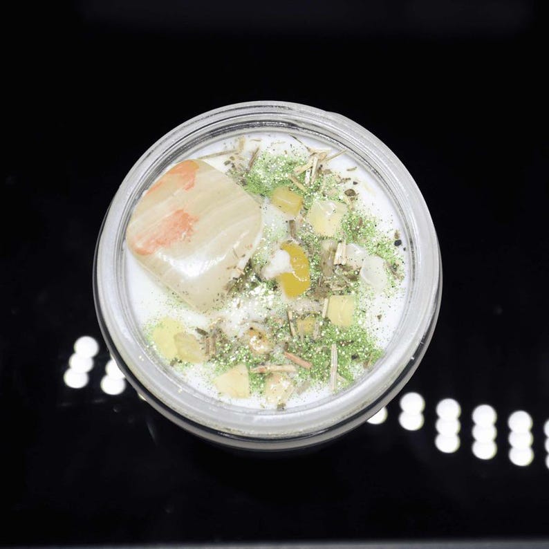 GEMINI Zodiac Crystal Candle Smoky Rose Scented Green Onyx, Yellow