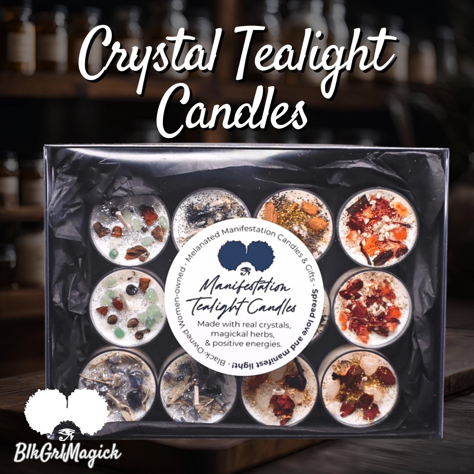 MANIFESTATION CRYSTAL Tealight Candles • Strong Scented Mini Tea Light for Protection, Luck, Love, Peace, Money • Long Lasting Vegan Candles
