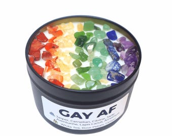 GAY AF Queer Pride Rainbow Crystal Candle • Strong Scented White Tea & Rose Petal • 7 Crystals for Self Love, Strength, Confidence, Peace