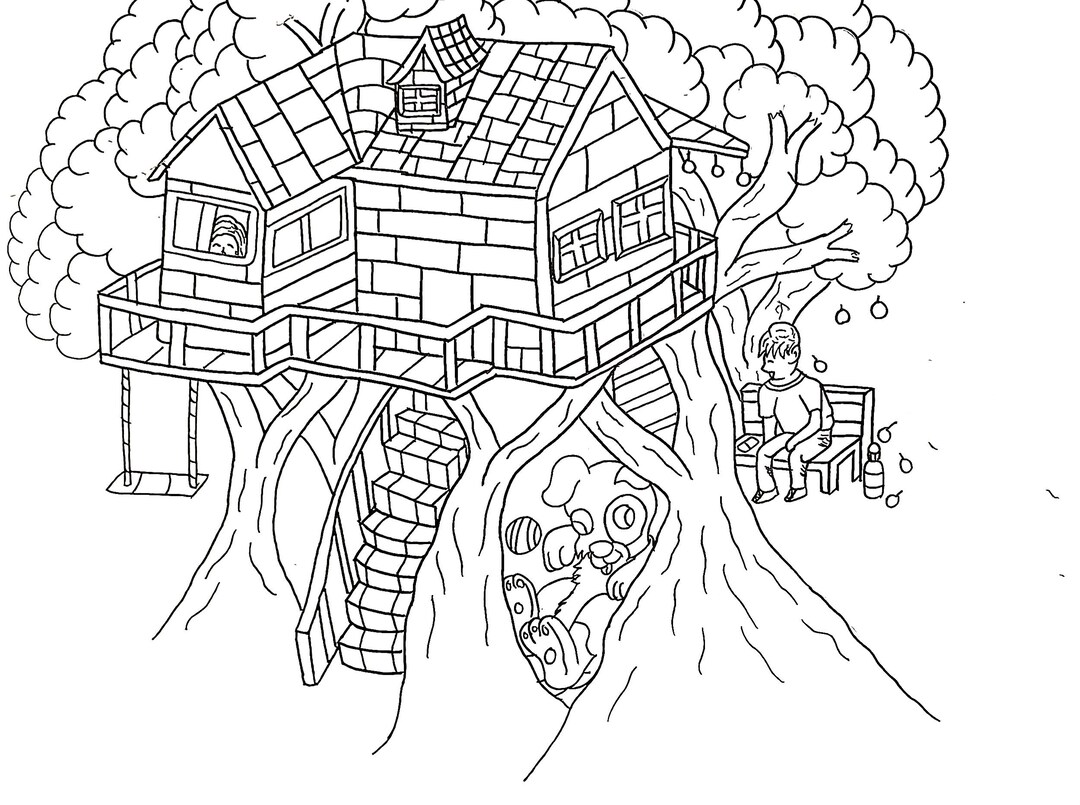 Treehouse Colour In Treehouse Colour Page,digital Downloads,pen Art,original Drawing,a3 ...