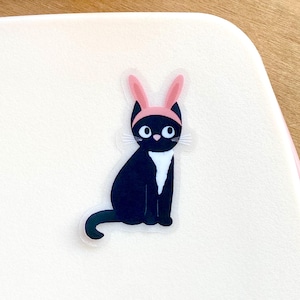 Hasenohren Katze Klar Vinyl Aufkleber | Transparent gestanzte wasserdichte schwarze Kätzchen-Aufkleber | Rosa Osterhasen-Katzenaufkleber