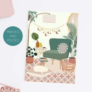 Boho Pflanzenraum-Kunst Postkarte | Marokkanische Dekor Illustration Karte | Boho Zimmerpflanze Illustration Postkarte