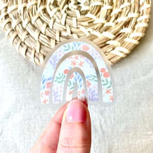 Frühling Wiese Regenbogen durchsichtige Vinyl Aufkleber | Transparent Gestanzte Wasserdichte Regenbogen Aufkleber | Süßer Regenbogen Sticker mit Blumenmuster