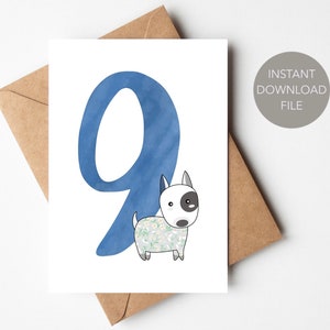 Tarjeta de cumpleaños imprimible para perro, tarjeta de cumpleaños para niño de 9 años, tarjeta de cumpleaños imprimible para niño de 9 años, tarjeta de cumpleaños sencilla para niños