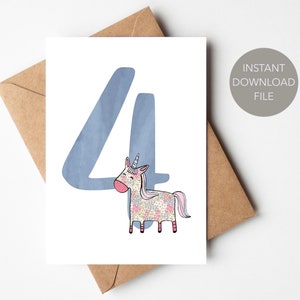 Printable Unicorn 4th Birthday Card | 4 Year Old Girl PDF Birthday Card | Unicorn Birthday Card for 4 Year Old | Simple Girl’s Birthday Card