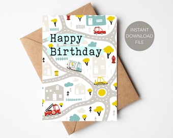 Tarjeta de cumpleaños feliz del niño imprimible / Tarjeta de cumpleaños de los niños de la hoja de ruta / Tarjeta de cumpleaños de los coches / Tarjeta de cumpleaños de descarga digital