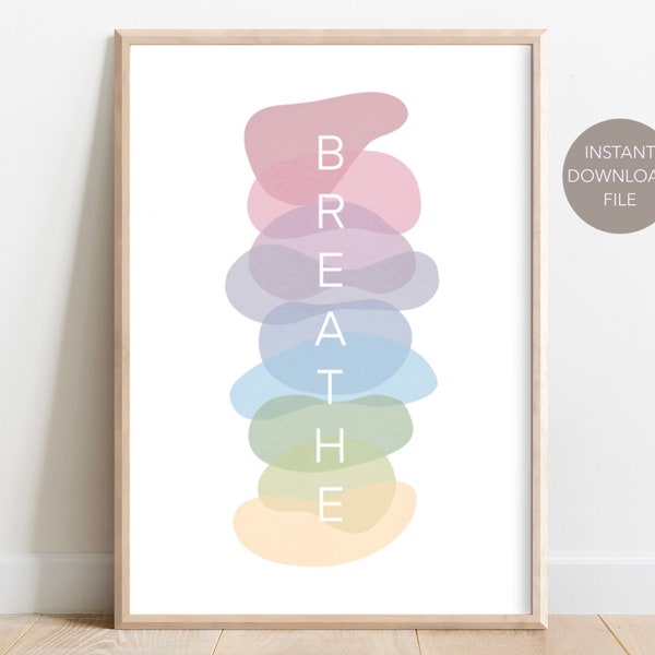 Abstract Breathe Printable Quote Wall Art | Stacked Stones Wall Art | Rainbow Quote Print | Breathe Quote Print | Breathe Wall Art