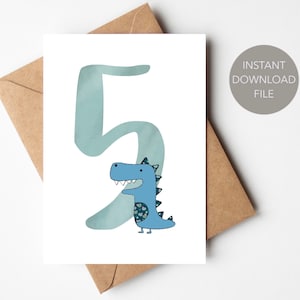 Carte imprimable 5e anniversaire de dinosaure | Carte d'anniversaire PDF pour garçon de 5 ans | Carte d'anniversaire dinosaure pour enfant de 5 ans | Carte d'anniversaire simple pour garçon