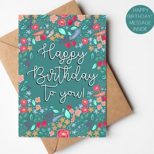 Wildblumen alles Gute zum Geburtstag Karte A6 | Teal Blumen gemusterte Geburtstagskarte | Blumen-Geburtstagskarte