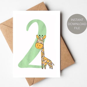 Linda tarjeta imprimible para el segundo cumpleaños / Tarjeta de cumpleaños para niños de 2 años en formato PDF / Tarjeta de cumpleaños imprimible para niños de 2 años / Tarjeta de cumpleaños para niños con forma de jirafa