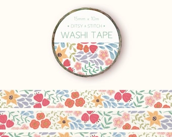 Dekoracyjna taśma washi z motywem kwiatów: Wzór letnich kwiatów, rolka 10 m