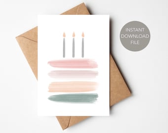 Birthday Cake Printable Card | Watercolour Cake Birthday Card | Instant Download Simple Birthday Card Print | Printable Greeting Card