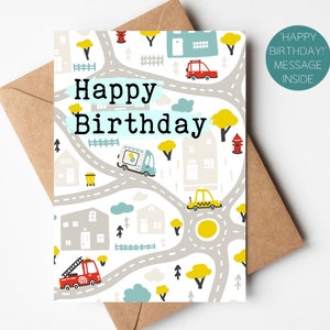 Cars Happy Birthday Card A6 | Road Map Kids Birthday Card | Boy’s Cars Birthday Card