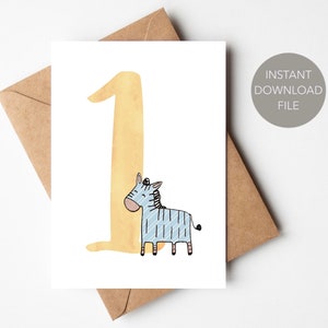 Jolie carte imprimable 1er anniversaire | Carte d'anniversaire PDF pour garçon de 1 an | Carte d'anniversaire imprimable pour garçon de 1 an | Carte d'anniversaire du garçon zèbre