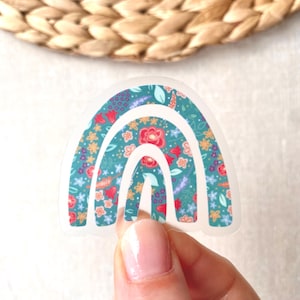 Teal Wildblumen Regenbogen durchsichtige Vinyl-Aufkleber | Transparent Gestanzte Wasserdichte Regenbogen Aufkleber | Süßer Regenbogen Sticker mit Blumenmuster