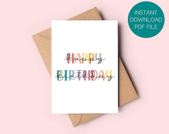 Tęczowa kartka urodzinowa z tekstem „Wszystkiego najlepszego” – do wydrukowania w formacie PDF (do natychmiastowego pobrania)