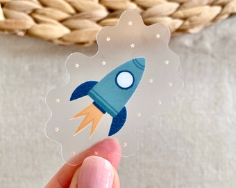 Blue Swirly Rocket Clear Vinyl Sticker | Rocket Transparent Die-Cut Waterproof Sticker | Starry Space Sticker