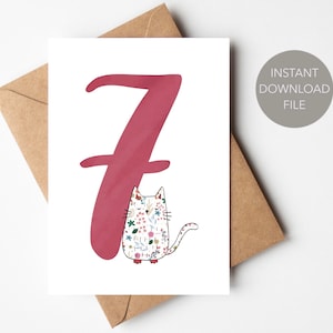 Carte imprimable 7e anniversaire de chat mignon | Carte d'anniversaire PDF de 7 ans | Carte d'anniversaire imprimable pour enfant de 7 ans | Carte d'anniversaire simple pour fille