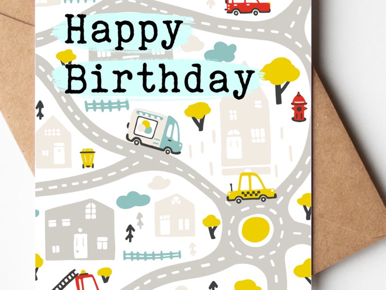Printable Boy’s Happy Birthday Card | Road Map Kids Birthday Card | Cars Birthday Card | Digital Download Birthday Card