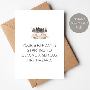 Carte imprimable drôle de gâteau d'anniversaire | Carte de voeux PDF Trop de bougies | Carte d'anniversaire sarcastique en téléchargement numérique
