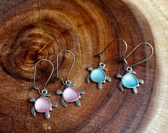 Sea Turtle Earrings: Blue or Pink Synthetic Sea Glass, Beach Jewelry