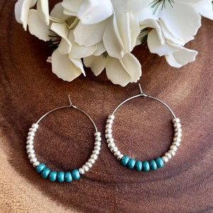 Boho hoop earrings/turquoise/blue and silver hoop earrings/southwestern hoop earrings//blue beaded hoop earrings