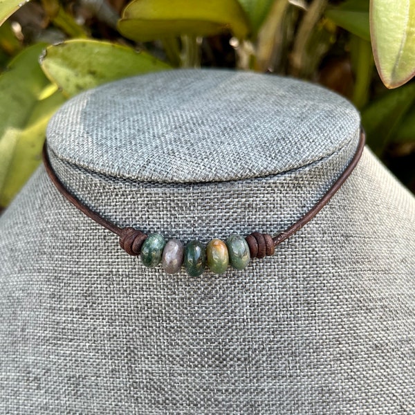 Fancy Indian agate knotted leather choker. Fancy Indian agate knotted leather necklace. Indian agate gemstones. Indian agate necklace.