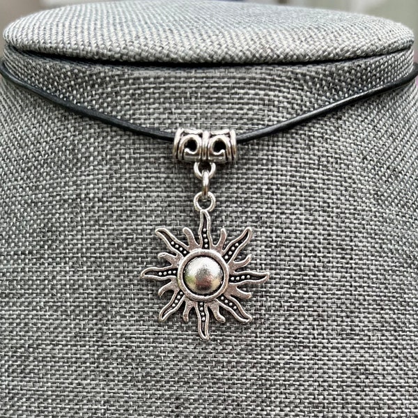 Boho chic sun charm necklace/ leather necklace, boho necklace/boho sun choker