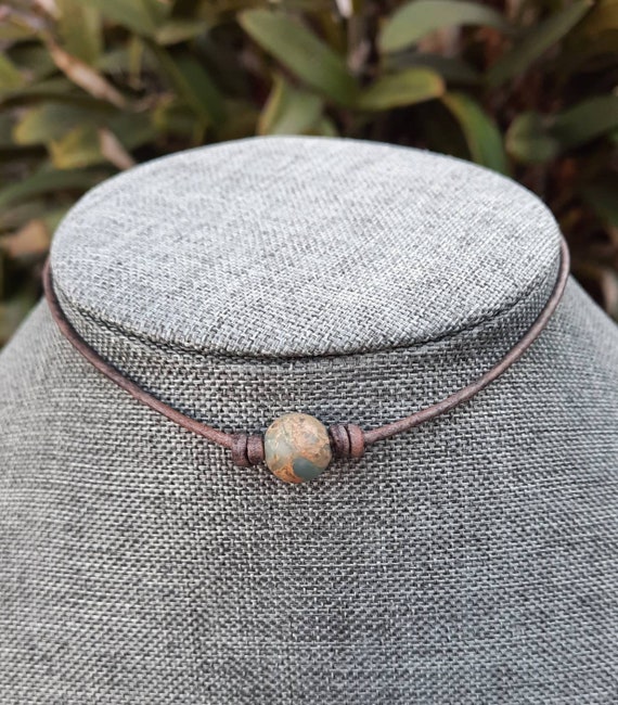 Stone African Opal Gemstone Knotted Leather Necklace/ Choker