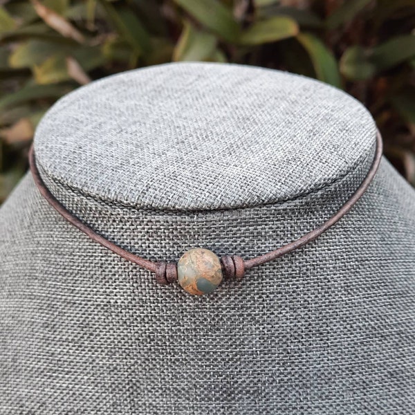 1 stone African Opal gemstone knotted leather necklace/ choker.  Gemstone choker. African opals necklace
