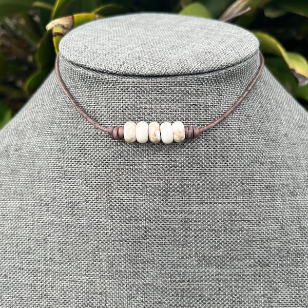 White Turquoise 5-Stone Leather Choker, Gemstone Necklace