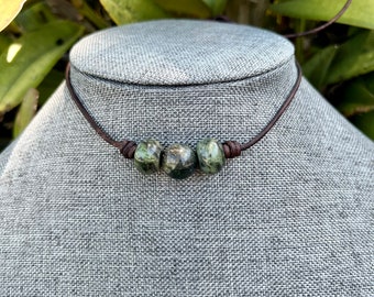 3 Stone Jade Leather Choker: Round & Rondelle Gemstones