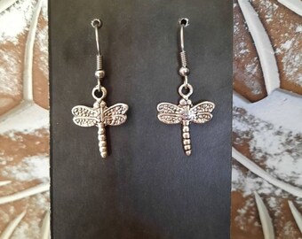 Silver Dragonfly Earrings, Hypoallergenic Stainless Steel Hoops